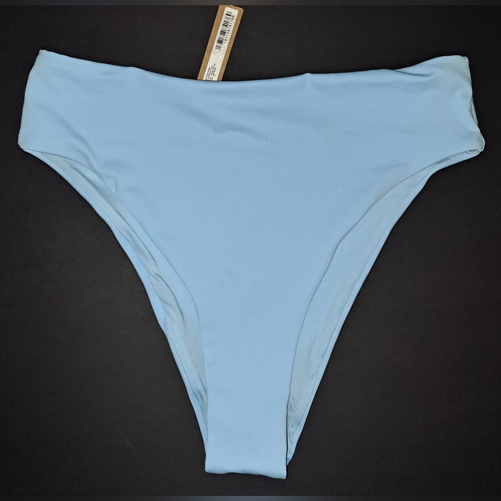 🩵SKIMS Swim Rhinestone Bandeau Mid Waist Bottoms Strappy Skirt IRIS BLUE M L